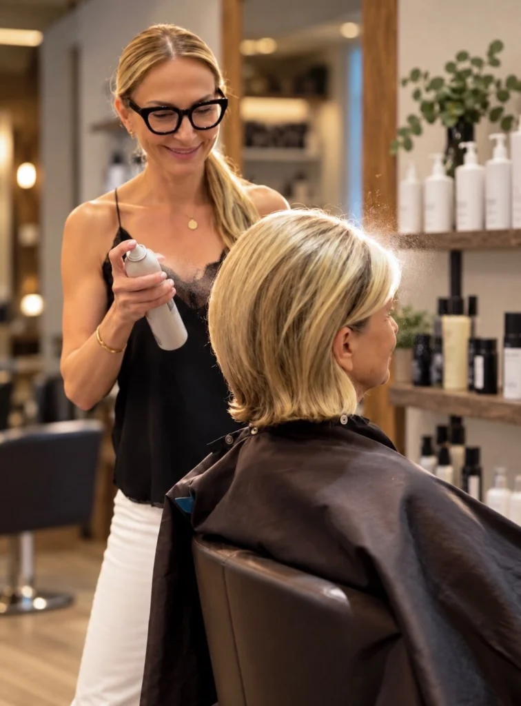 Monika finishes a client's blonde bob with hairspray in the salon