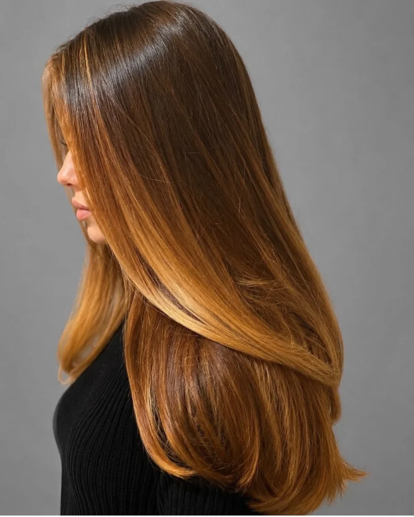 Long, sleek, glossy brunette hair melting into copper ends