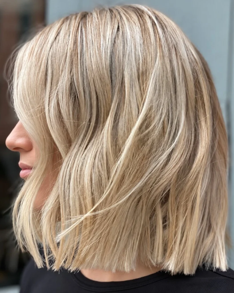 Blonde blunt bob with soft, piecey texture, seen in profile
